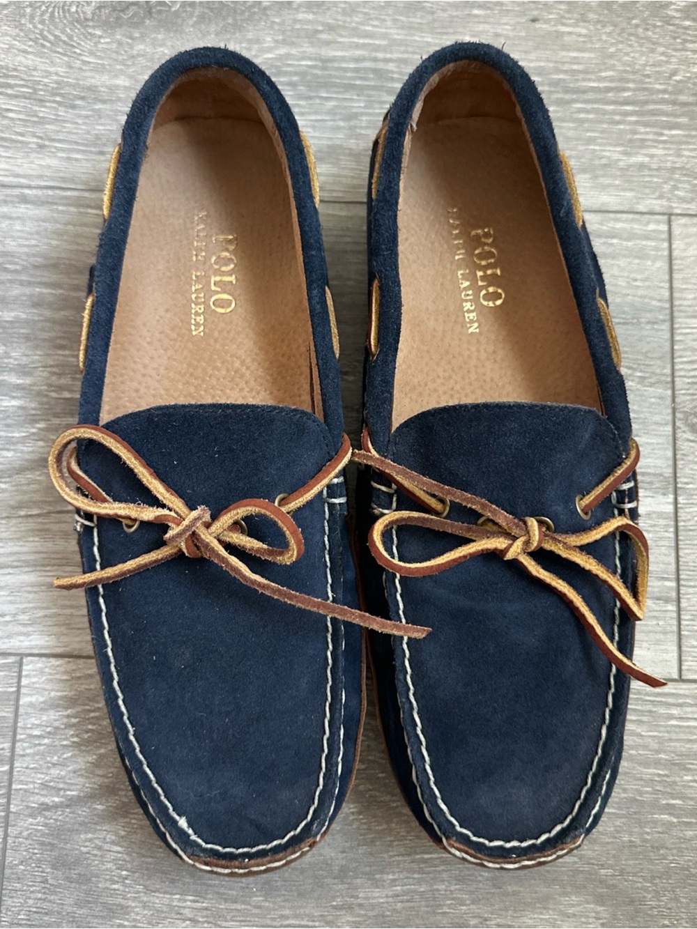 Polo by Ralph Lauren Navy Suede Moccasin Loafers with Brown Leather Laces sz 9D